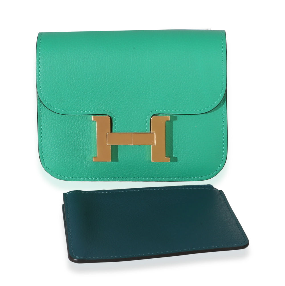 Hermès Menthe Vert Bosphore Evercolor Bicolore Constance Slim Wallet GHW